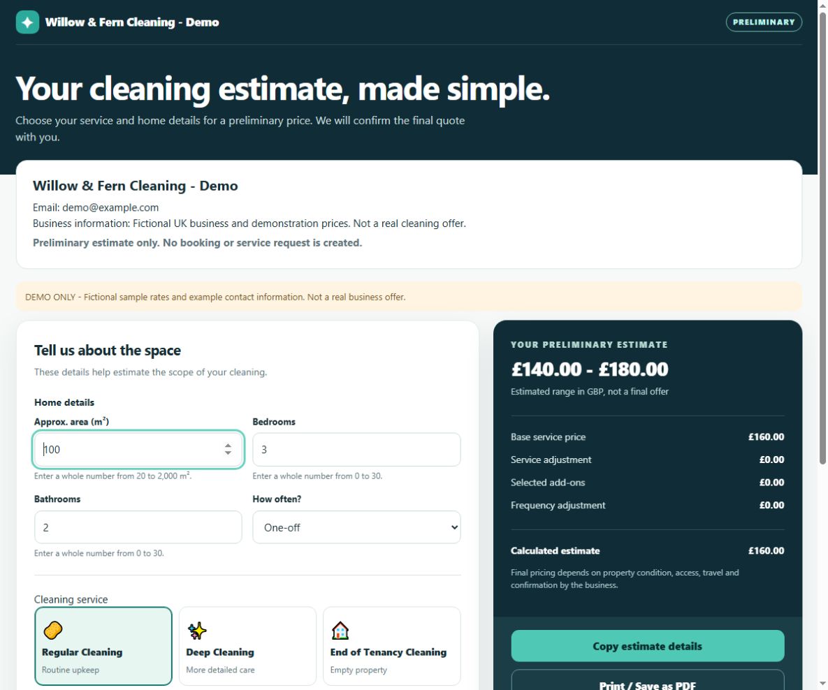 Screenshot of the working UK cleaning calculator, with square-metre inputs and an estimate in pounds.