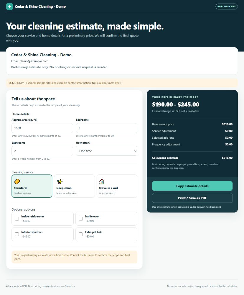 Actual US calculator demo showing home details and a preliminary estimate of $190 to $245.